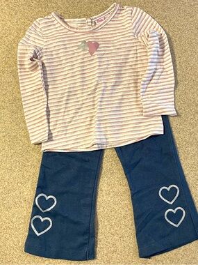 Little Lass Pink Striped Top with Blue Heart Pants Set